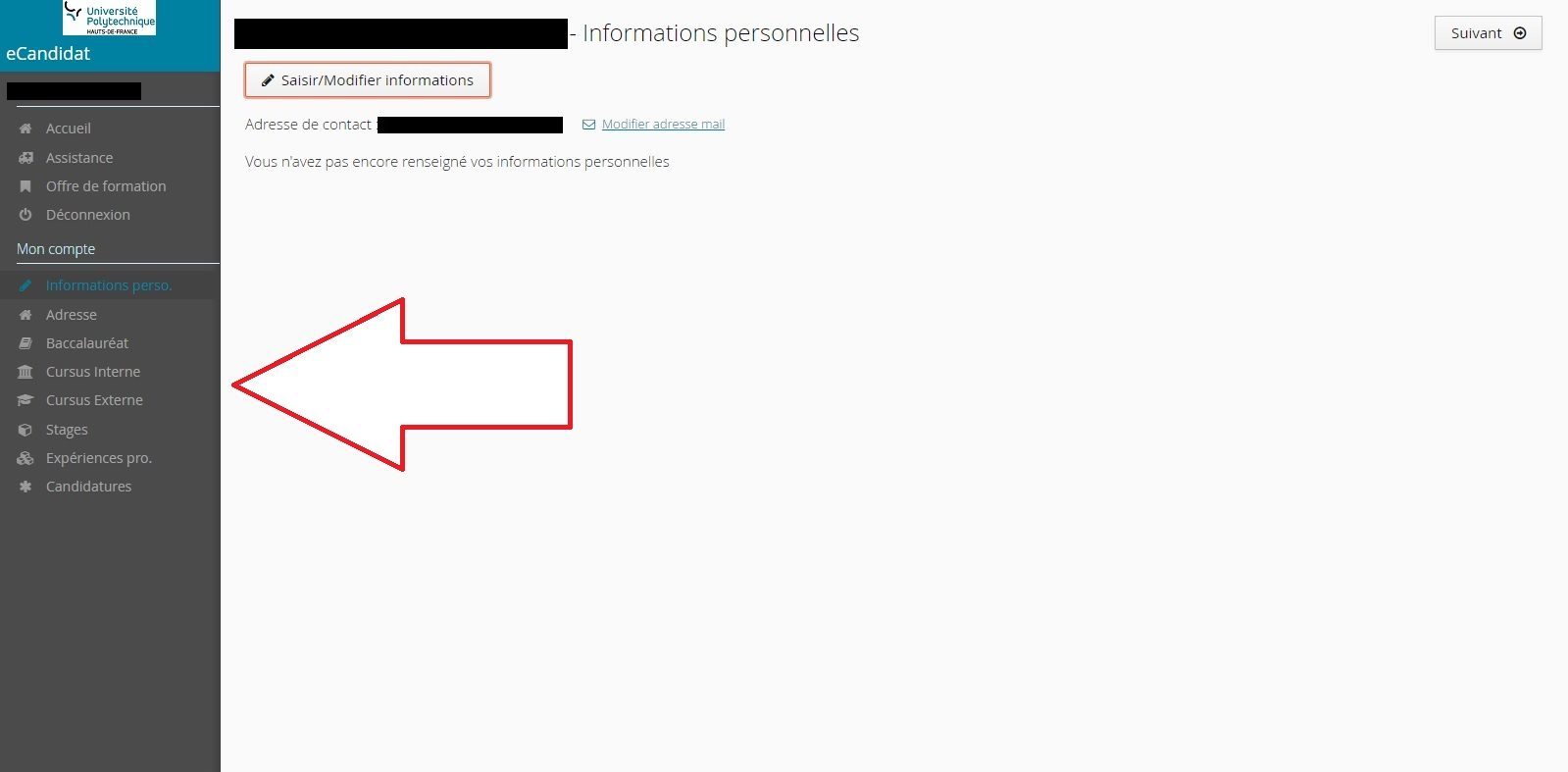 indiquer informations personnelles ecandidat